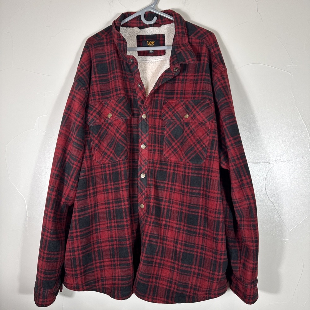 Lee Mens Thick Red Flannel Shacket Sherpa Lined Size 3xb Snap Button